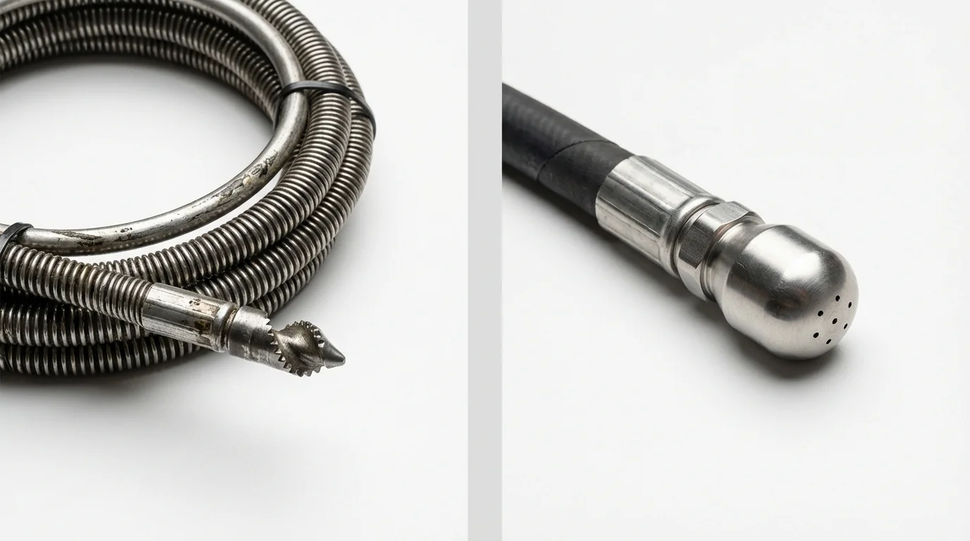 Drain snake cable and hydro jetting nozzle used for drain cleaning in Waterloo, IN