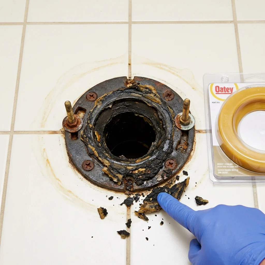 Failed wax ring showing water seepage at the base of a toilet in a Waterloo, IN home