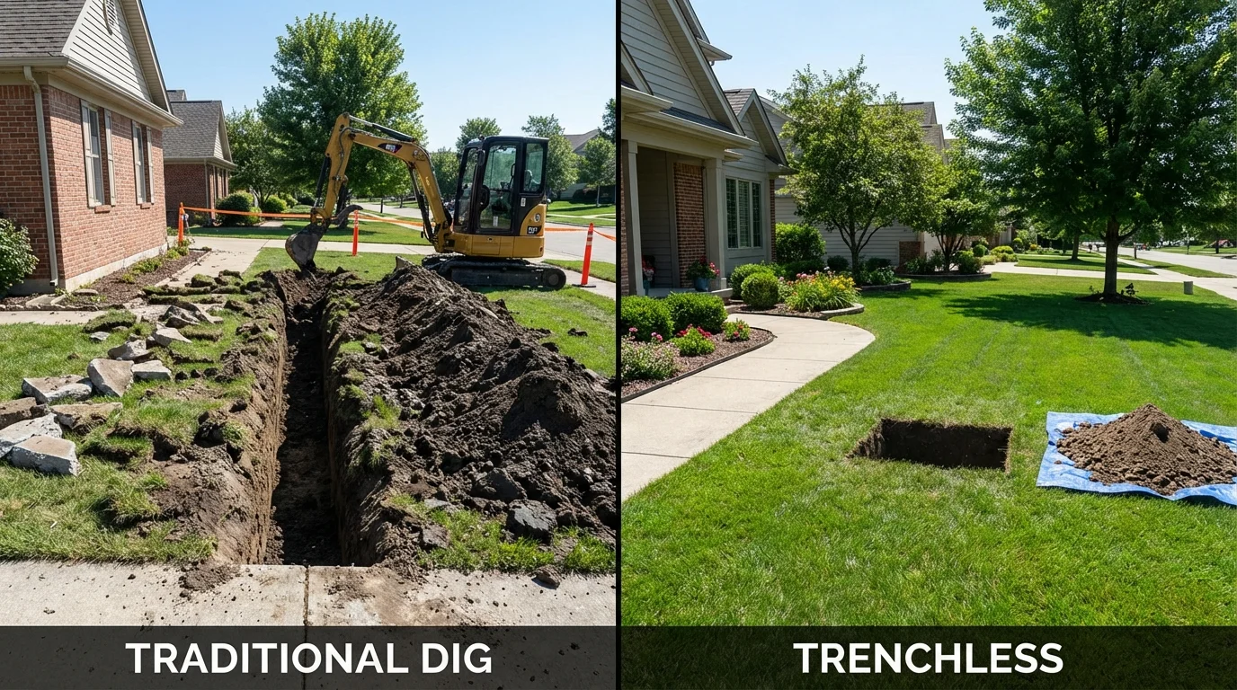 Trenchless sewer repair with minimal yard damage versus traditional excavation in Waterloo, IN